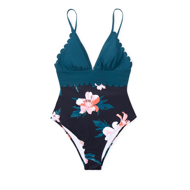 "Teal Floral Scalloped One-Piece Swimsuit"