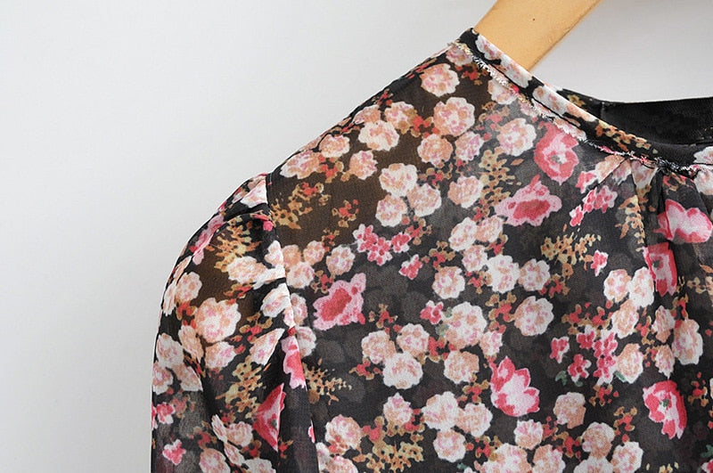 Floral Print Pleated Dress with Long Sleeve