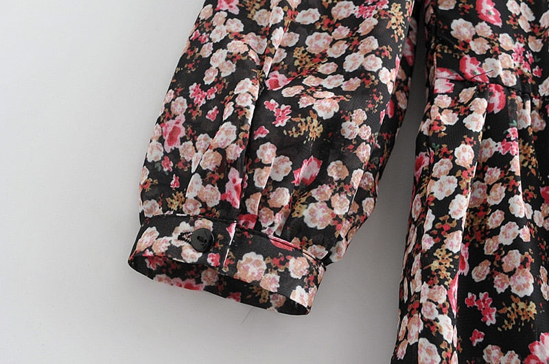 Floral Print Pleated Dress with Long Sleeve