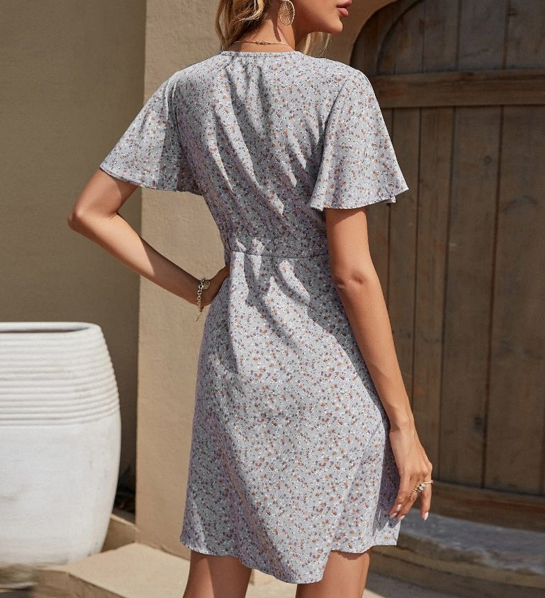 Elegant Floral Print Mini Dress with V Neck
