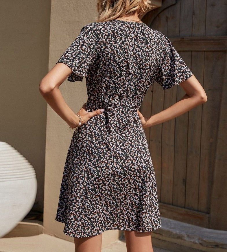 Elegant Floral Print Mini Dress with V Neck