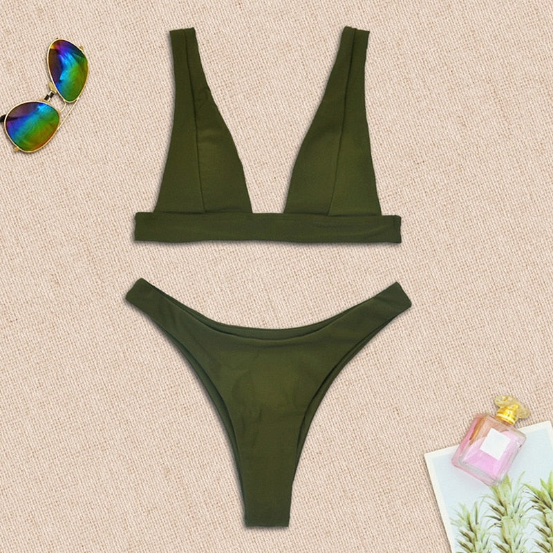 High waist cut Swimwear with V-neck