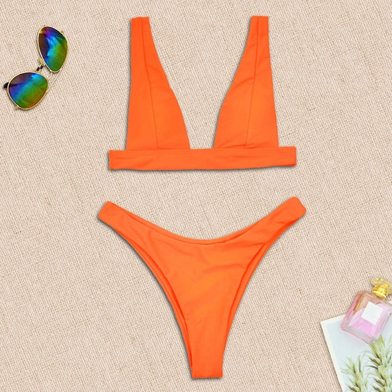 High waist cut Swimwear with V-neck