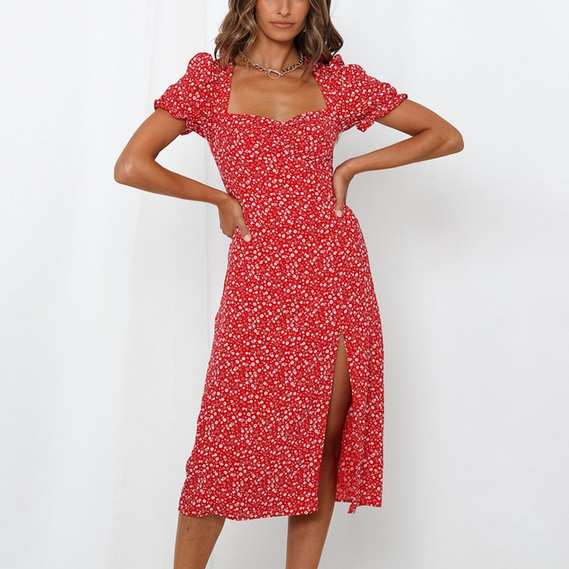 Split Midi Dresses with Floral Print