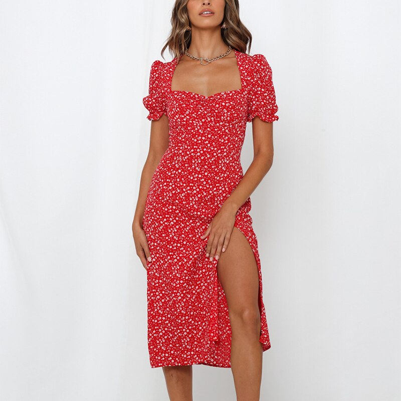 Split Midi Dresses with Floral Print